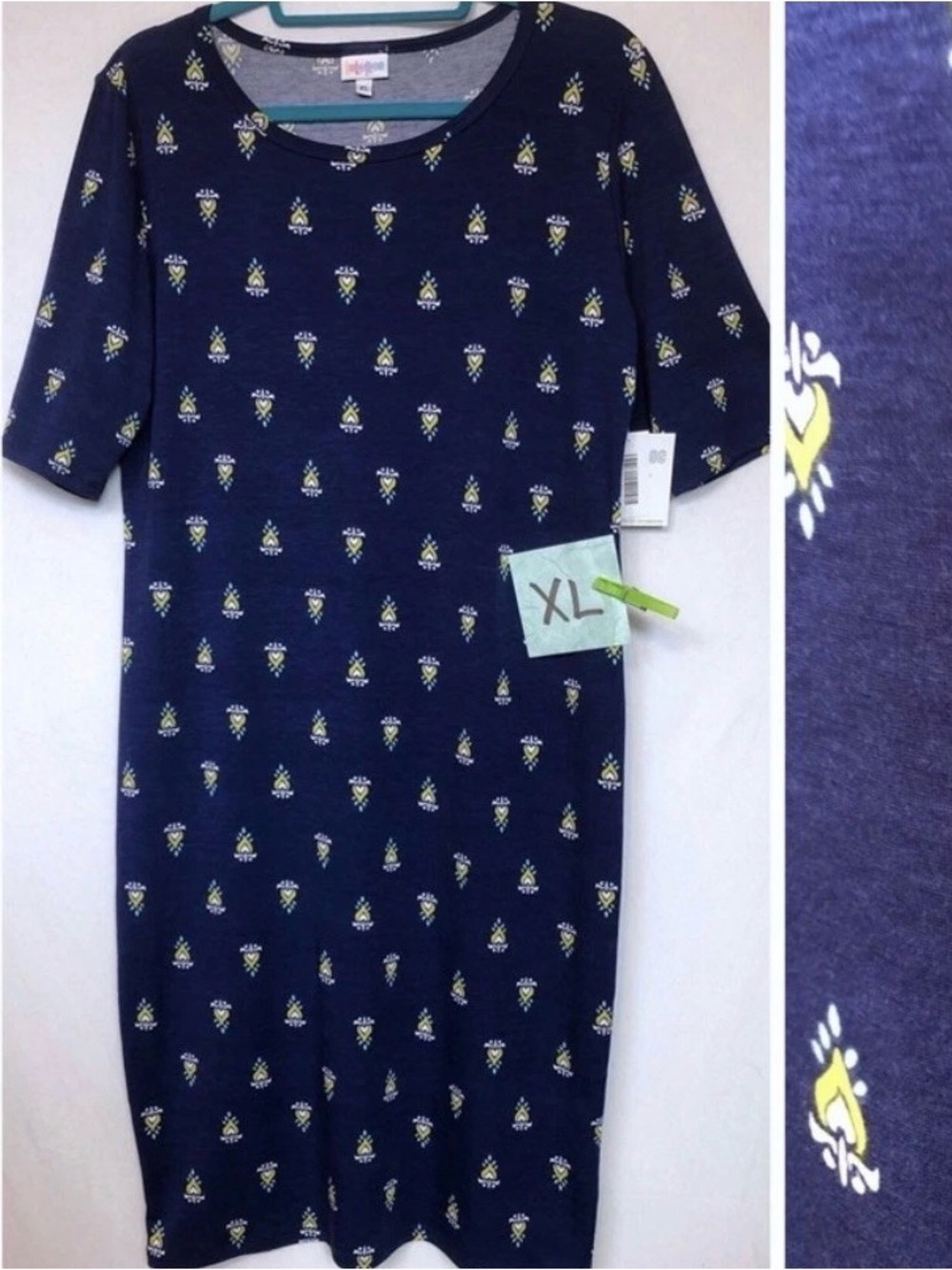 LuLaRoe Julia Navy Blue Yellow Damask Sheath Dress XL NWT